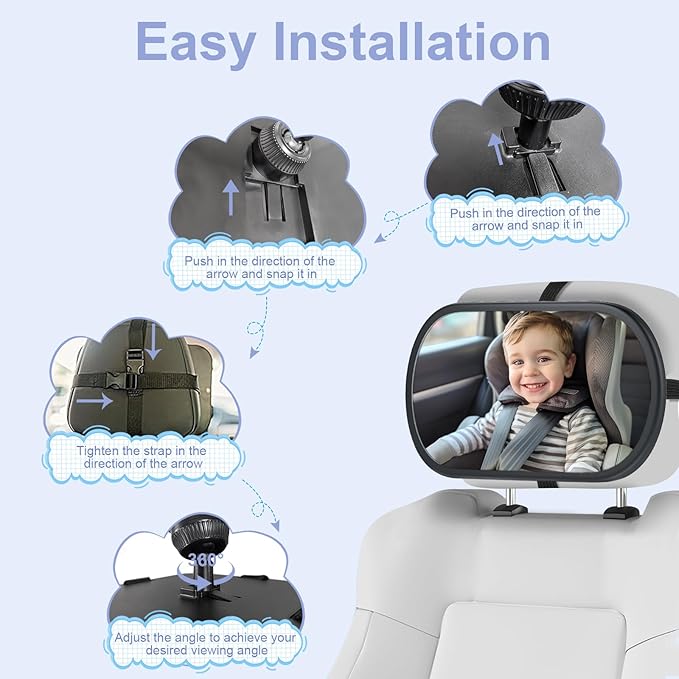 Baby Car Mirror for Backseat - Rear Facing Car Seat Mirror Safety for Infant Newborn - Easily Observe the Baby Move,Clear Wide View,360°Rotation, Secure, Shatterproof - Black-BubblyBeeBaby