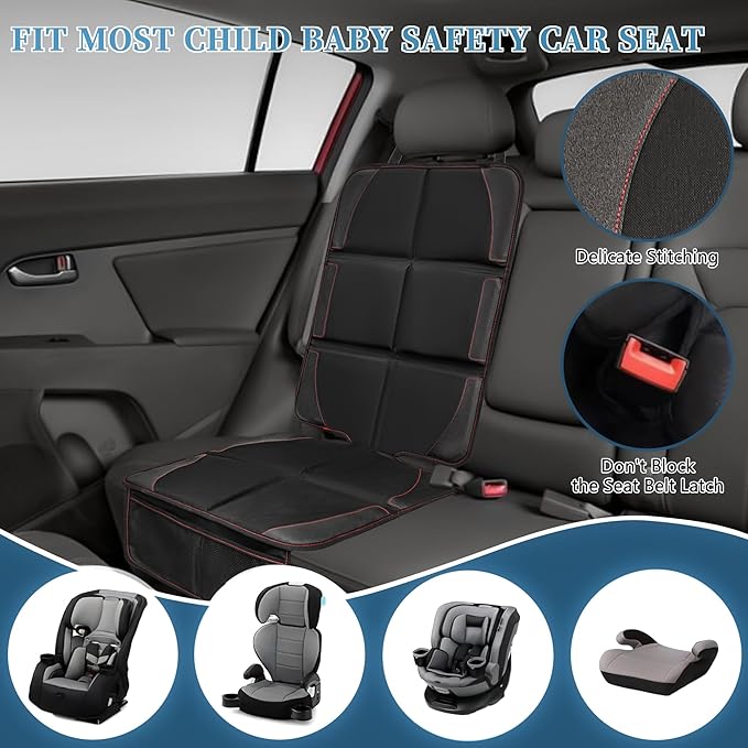Car Seat Protector 2 Pack Baby Car Seat Covers with Mesh Pockets & Non-Slip Backing 600D Durable Seat Protector Under Baby Car Seat (Black & Red, Large)-BubblyBeeBaby