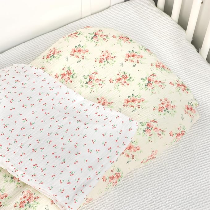 Hooyax Baby Lounger Cover 2 Pack - 100% Muslin Cotton Newborn Lounger Pillow Covers Only, Soft Breathable Infant Lounger Cover with Reinforced Stitching, Fits Most Standard Baby Loungers (Floral)-BubblyBeeBaby