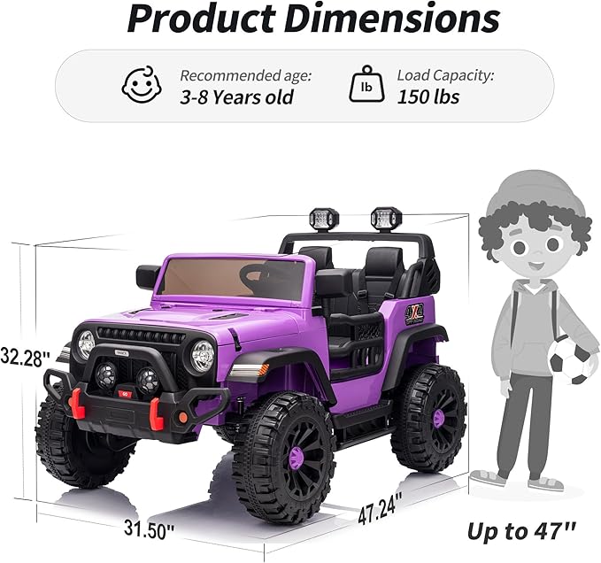 2 Seater Ride on Car Truck, 12V Kids Electric Ride on Toy for Big Kids Age 3-8 w/Remote Control- Purple-BubblyBeeBaby