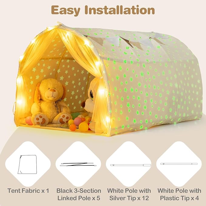 INFANS Kids Bed Tent with Glow in The Dark, Portable Children Playhouse Privacy Space Twin with Mat Star Light Double Net Curtain, Indoor Outdoor Princess Tents Castle for Boys Girls-BubblyBeeBaby