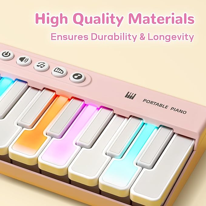 iPlay, iLearn Kids Mini Piano Toy W/Rainbow Lights, Portable Travel Piano Keyboard Toddlers Musical Instrument Learning Toys, Music Interactive Birthday Gift for 2 3 4 5 6 Year Old Girls Children-BubblyBeeBaby