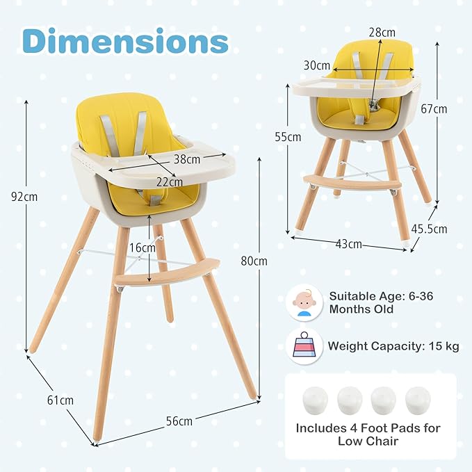 HONEY JOY High Chair, 3-in-1 Eat & Grow Wooden Highchair/Booster Seat/Toddler Chair with Removable Tray, 5-Point Harness, PU Cushion and Footrest for Baby, High Chair for Babies and Toddlers Yellow-BubblyBeeBaby