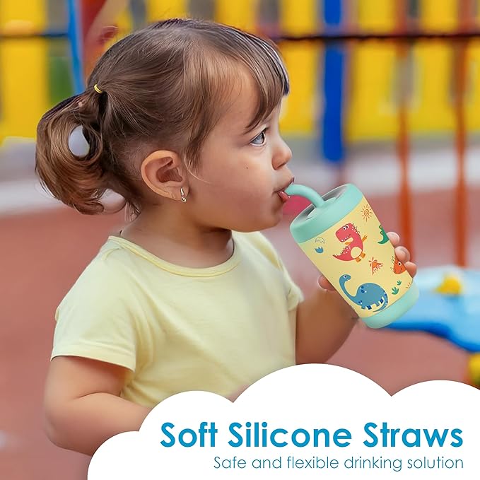 Kid Insulated Stainless Steel Tumbler with Silicone Straw, 12oz Sippy Cup for Kids (Playful Dinosaurs)-BubblyBeeBaby