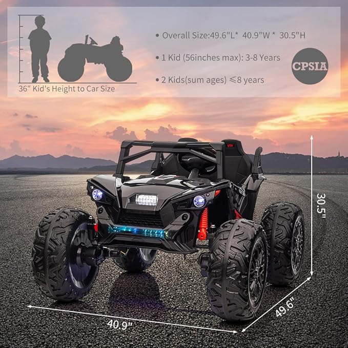 2 Seaters 24V Ride on UTV with Remote Control,10AH Battery, 400W Powerful Motors with 17" EVA Wheels, 20.5“ Seat Width Electric Ride Toy with Metal Suspension,LED Lights,Music,Horn (Black)-BubblyBeeBaby