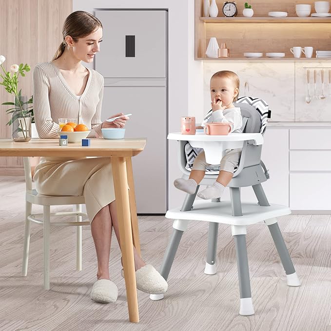 HONEY JOY 8 in 1 Baby High Chair, Convertible Highchair for Babies and Toddlers/Table and Chair Set/Building Block Table/Booster Seat/Stool/Toddler Chair with Safety Harness (Wave Gray)-BubblyBeeBaby
