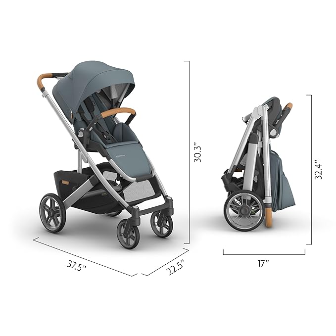 UPPAbaby Cruz V3 Stroller - from Birth + Car Seat Compatible - Full-Size, Reversible Seat - Infant Insert, Bug and Rain Shields Included - Callum (Stone Blue/Silver Frame/Sand Leather)-BubblyBeeBaby