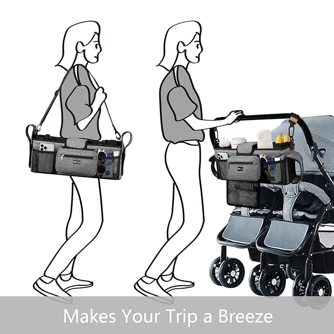 TOPDesign Universal Baby Stroller Organizer, Double Stroller Caddy with Detachable Mesh Bag & Heightened Insulated Cup Holders & Non-Slip Secure Hooks Accessories, Fits Most Strollers (Checkerboard)-BubblyBeeBaby