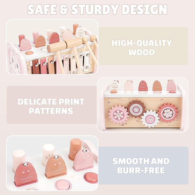 Joyreal Montessori Toys for 1 Year Old Girl Gift - Pink Wooden Hammering Pounding Toy with Xylophone & Fishing Game - Toddler Learning Activities for Kids 1+ 2 3 Year Old Christmas Birthday Gifts-BubblyBeeBaby