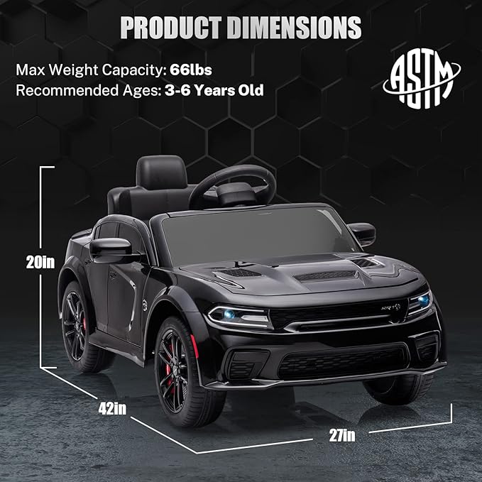 12V 7Ah Kids Electric Ride on Car, Licensed Dodge Charger SRT Hellcat, Battery Powered 4-Wheels Toy Car Electric Vehicle for Kids with Remote Control, 3 Speeds, LED Lights, Music (Black)-BubblyBeeBaby