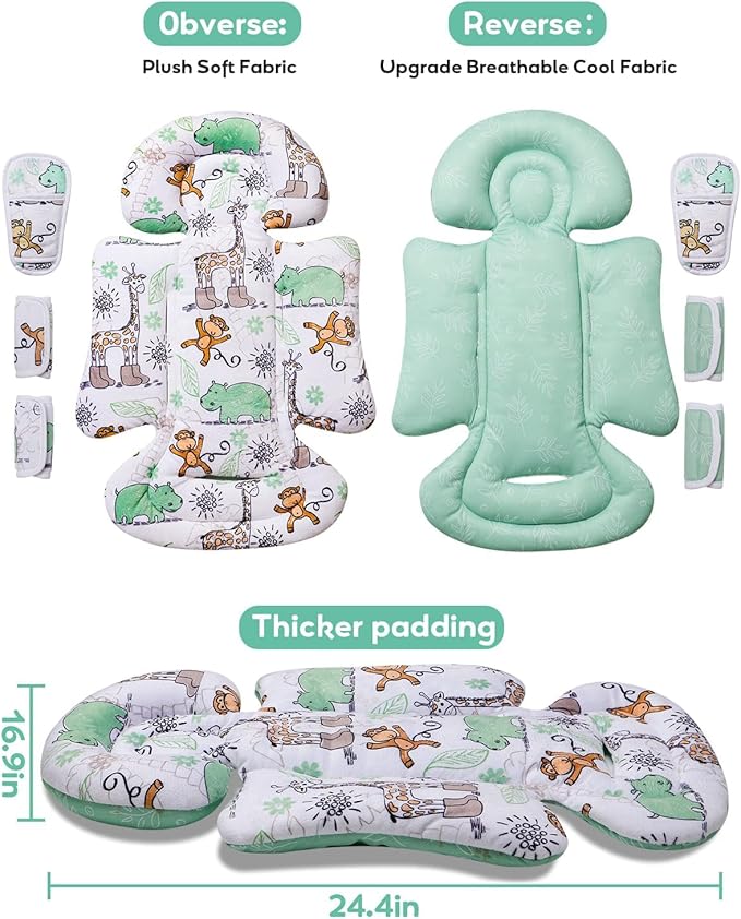 Infant Car Seat Insert, Enlarged Head Support for Baby Carseat, Reversible Newborn Insert with 3 Strap Covers, 2-in-1 Baby Car Seat Cushion for Stroller, Swing, Bouncer, Rocker - Blue Giraffe-BubblyBeeBaby