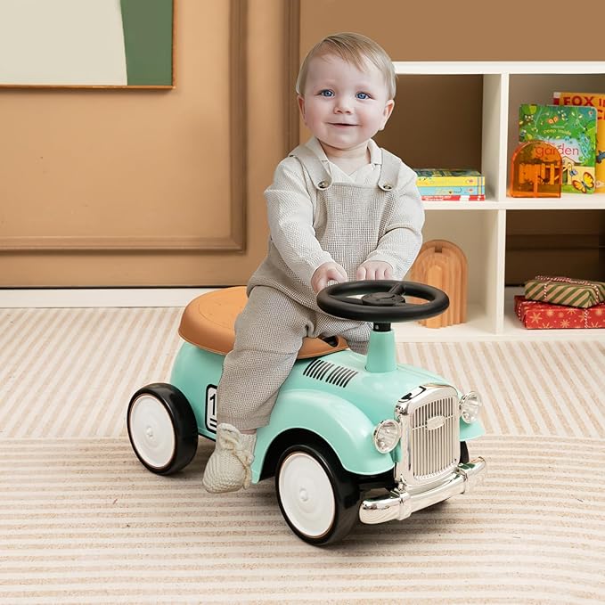 HONEY JOY Ride On Push Car, Outdoor Toddler Riding Toys w/Steering Wheel, Horn & Storage, Foot-to-Floor Sliding Car, No Batteries, Retro Baby Ride On Toys for Boys and Girls (Green)-BubblyBeeBaby