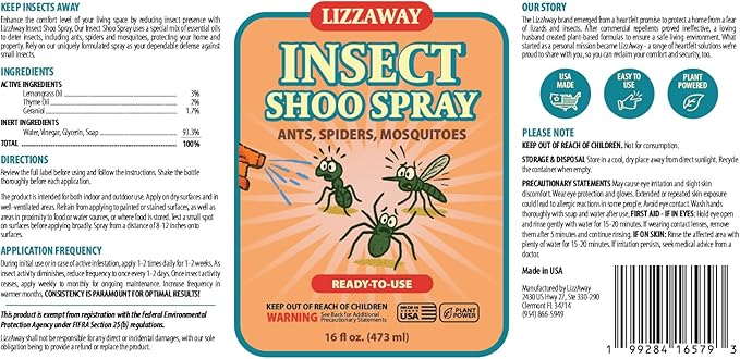 Insect Shoo Spray - Insect Repellent Spray - Pet and Kid Safe Ant, Mosquito, and Spider Repellent for Indoor/Outdoor Use - Lemongrass, Thyme, Geraniol Powered Bug Control for Home-BubblyBeeBaby