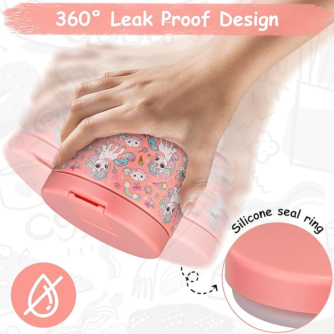 12oz Insulated Vacuum Food Jar with Buckle Lid Wide Mouth Soup Thermo for Hot Food Kids Leakproof Stainless Steel Lunch Container (Pink-Horse)-BubblyBeeBaby