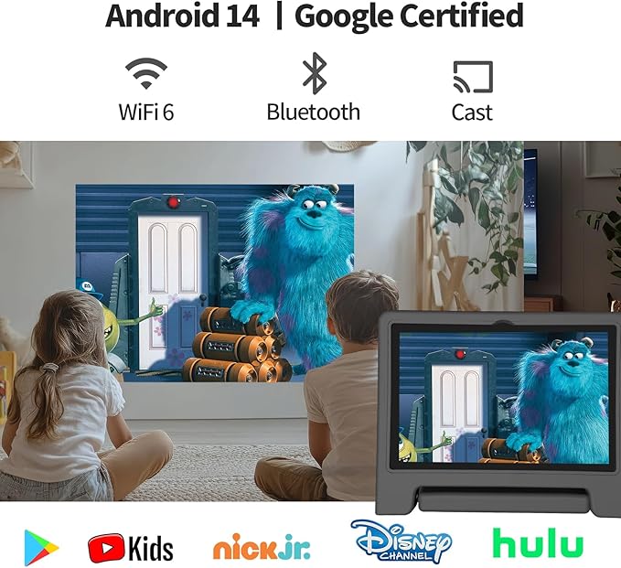 JREN Tablet for Kids|10 Inch Kids Tablet Android 14|Octa-core|64GB|WiFi |Bluetooth|Parental Control|Children Content|Children Toddler Black-BubblyBeeBaby