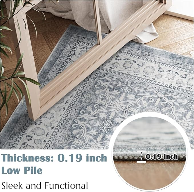 jinchan Floral 6x9 Area Rugs for Living Room - Machine Washable Vintage Distressed Boho Design Throw Rug Stain Resistant Carpet Low-Pile Thin Non-Slip for Bedroom Dining Room Nursery (6‘x9',Grey)-BubblyBeeBaby