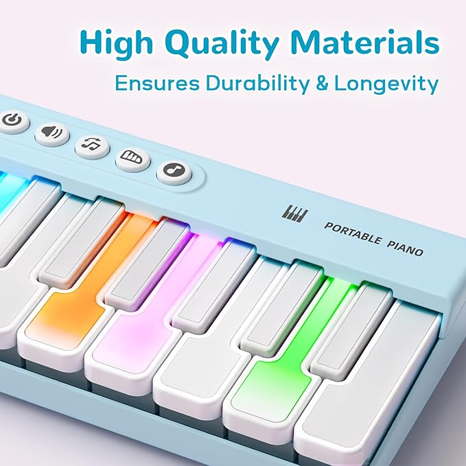 iPlay, iLearn Kids Mini Piano Toy W/Rainbow Lights, Portable Travel Piano Keyboard Toddlers Musical Instrument Learning Toys, Music Interactive Birthday Gift for 2 3 4 5 6 Year Old Boys Children-BubblyBeeBaby