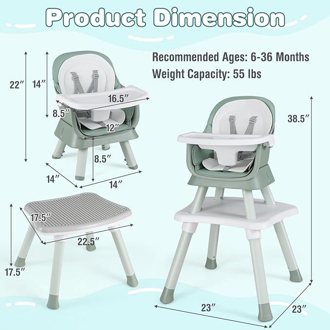 HONEY JOY 8 in 1 Baby High Chair, Convertible Highchair for Babies and Toddlers/Table and Chair Set/Building Block Table/Booster Seat/Stool/Toddler Chair with Safety Harness (Green)-BubblyBeeBaby