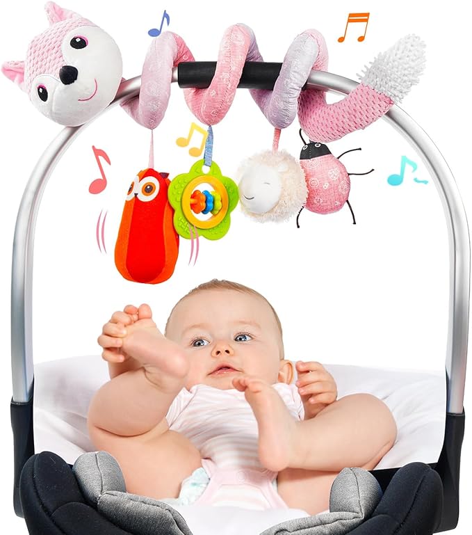 Jollybaby Baby Car Seat Stroller Toys, Plush Activity Hanging Spiral Activity Pram Crib with Music Box, Rattles, Squeaker for Babies Infant Boys Girls(Pink Fox)-BubblyBeeBaby