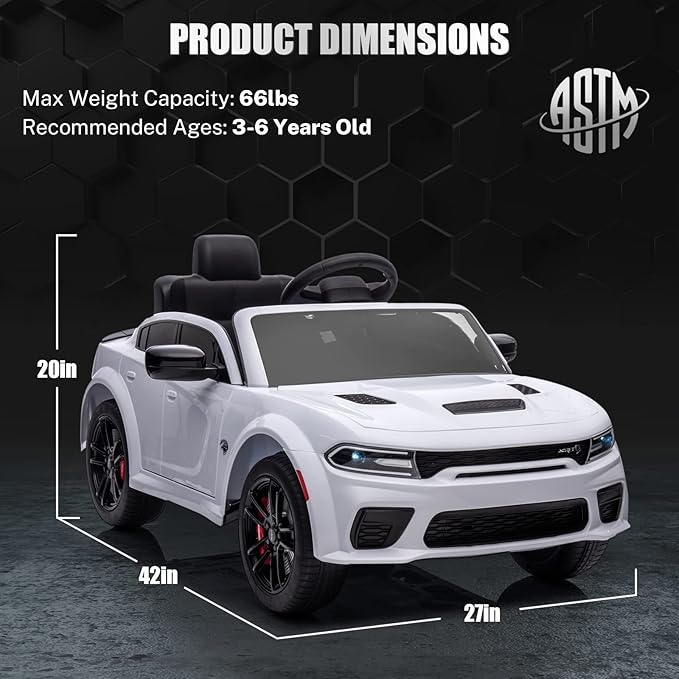 12V 7Ah Kids Electric Ride on Car, Licensed Dodge Charger SRT Hellcat, Battery Powered 4-Wheels Toy Car Electric Vehicle for Kids with Remote Control, 3 Speeds, LED Lights, Music (White)-BubblyBeeBaby