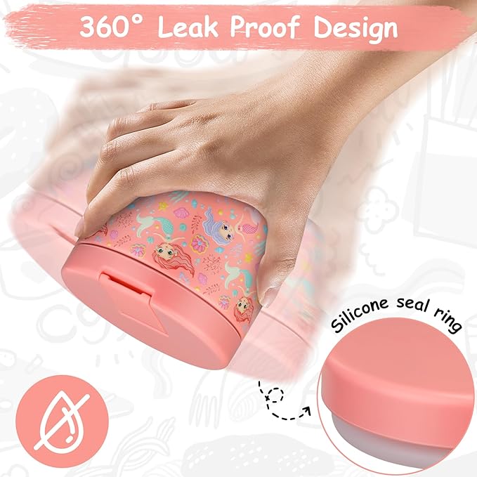 12oz Insulated Vacuum Food Jar with Buckle Lid Wide Mouth Soup Thermo for Hot Food Kids Leakproof Stainless Steel Lunch Container (mermaid)-BubblyBeeBaby