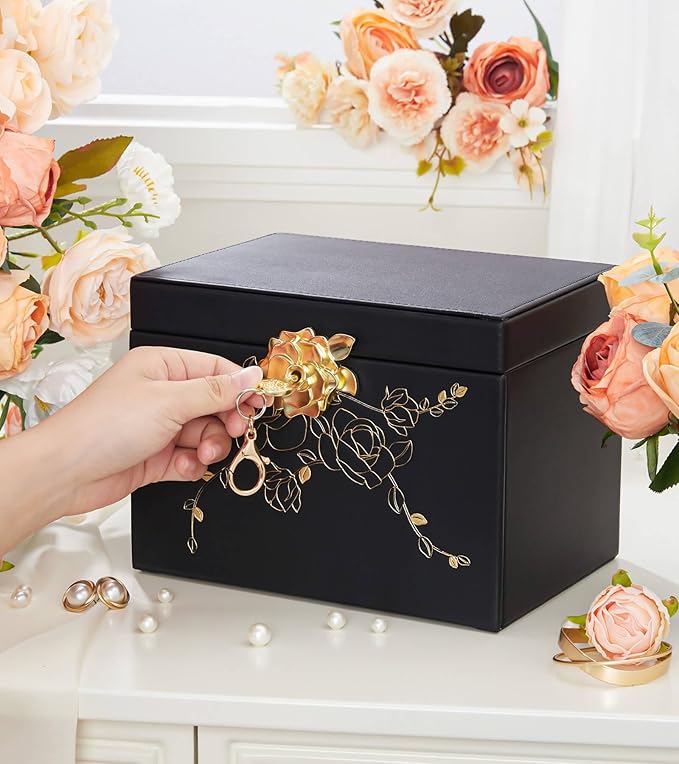 Jewelry Box with Lock for Girls: Jewelry Organizer for Dresser - 3-Drawer Earrings Storage Girls Women Gift (Black)-BubblyBeeBaby