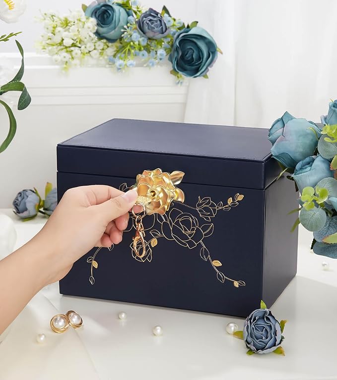 Jewelry Box with Lock for Girls: Jewelry Organizer for Dresser - 3-Drawer Earrings Storage Girls Women Gift (Dark Blue-BubblyBeeBaby
