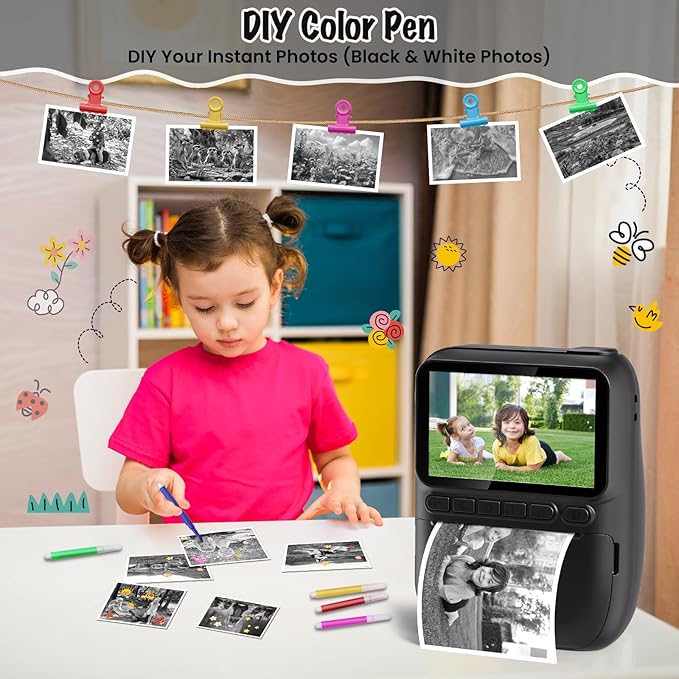 Instant Print Camera for Kids, 3.0" HD 1080P Digital Video Cameras with 3 Rolls of Printer Paper for Toddler, Birthday Gifts Toy for Girls Boys with 32GB SD Card (3.0 Style, Black)-BubblyBeeBaby