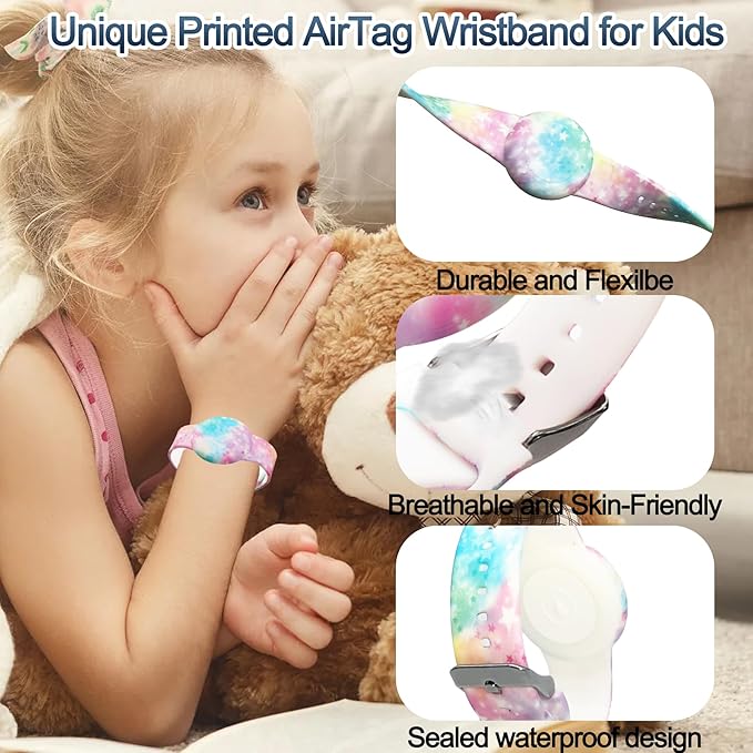 2 Pack Waterproof AirTag Bracelet for Kids, Hidden Printed Wristband for Apple Air Tag, Silicone AirTag Holder GPS Tracker Case for Band for Child Toddler, Secure Anti-Lost Protection(Pink,Purple)-BubblyBeeBaby