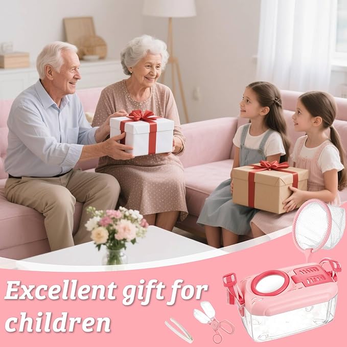 2 Set Bug Catcher for Kids- Educational Bug Catching Kit Including Butterfly Net, Insect Clip, Tweezer, Outdoor Toys for Kids Ages 3-10 (Pink)-BubblyBeeBaby