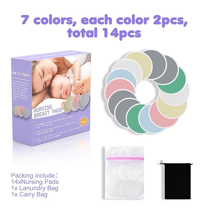 14 PCS Reusable Breast Pads for Breastfeeding – Washable Nursing Pads, Reusable Nursing Pads with Wash & Carry Bags, 4.7 Inch-BubblyBeeBaby