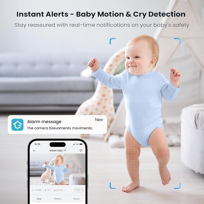 ieGeek Baby Monitor with 2K Camera and Audio - Video Monitor with 5" Screen - Night Vision, Two-Way Talk, Cry & Motion Detection, Temper& Humidity Sensor, PTZ, Remote Control via Screen and Free APP-BubblyBeeBaby