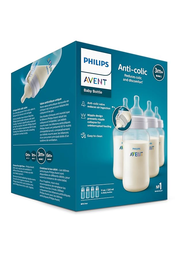 Philips Avent Anti-Colic Baby Bottles, 11oz, with Flow 3 Nipples, 3m+, 4pk, Clear, SCY106/04-BubblyBeeBaby