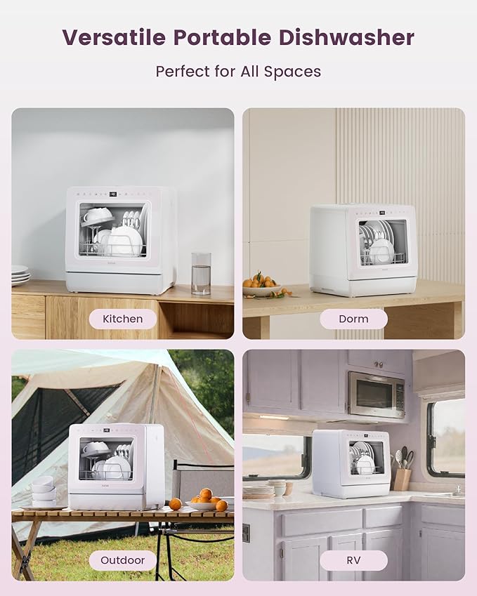 HAVA Countertop Dishwasher with Water Softener and Enhanced Energy Efficiency, Portable Dishwasher with 8 Wash Programs, Child Lock & Delayed Start Function, No Installation Needed - Misty Lilac-BubblyBeeBaby