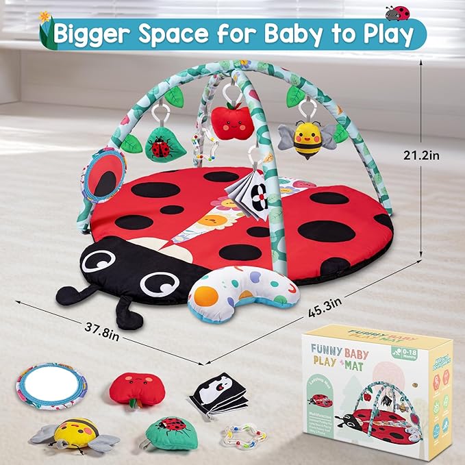 Jyusmile Baby Play Gym Mat, 8-in-1 Tummy Time Mat with 6 Toys, Washable Baby Activity Mat for Visual, Hearing, Sensory, Motor Development, Baby Essentials Gift for Newborn Infant 0-3-6-9-12 Months-BubblyBeeBaby