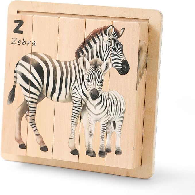 IEATFO 4 in 1 Wooden Animal Chunky Puzzle, 5 Solid Wood Puzzle Blocks with 4 Sides Realistic Safari Animals, Wooden Block Puzzle with Durable Base for Toddlers 3+ Years - Montessori Inspired-BubblyBeeBaby