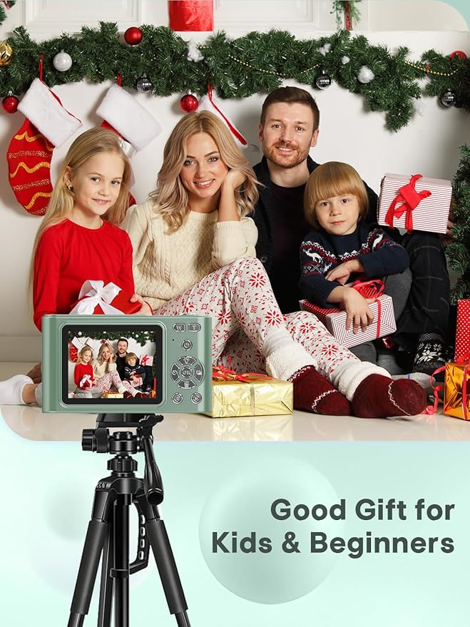 2025 Digital Camera - 1080P Vlog Camera, 44MP Compact, 16X Zoom, Anti-Shake, Green Gift for Kids-BubblyBeeBaby