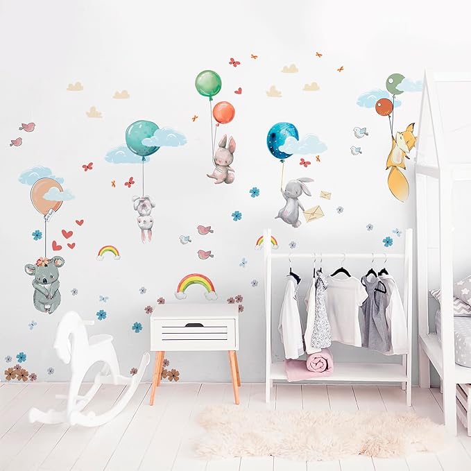 Hot Air Balloon Wall Decals by Lipastick - Peel and Stick Animal Stickers Raccoon, Fox, Koala, Panda for Kids Room, Nursery, Playroom, Bedroom - Playroom Wall Decals for Boys, Girls, Babies - M Size-BubblyBeeBaby