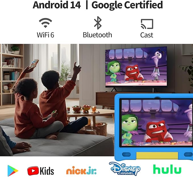 JREN Kids Table 10.1" |Android 14 Tablet for Kids|64GB Storage|Octa-Core|WiFi |Cameras|Parental Control|Kids Content|Case Included Great Gift for Children Ages 3-12 Years Old Blue-BubblyBeeBaby