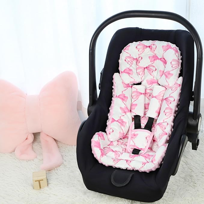 Infant Car Seat Insert, Soft Baby Car Seat Head & Body Support for Girl Boy, Reversible Newborn Preemie Carseat Insert Cushion with 3 Straps Pads, Fits Car Seat, Stroller, Swing, Bouncer, Pink Bow-BubblyBeeBaby