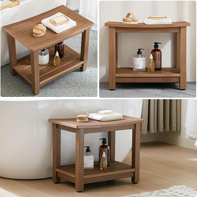 HDPS Shower Bench Seat, Poly Lumber Bathroom Stool for Inside Shower Waterproof, Foot Rest Stool for Shaving Legs with Adjustable Feet, Plastic Spa Bath Chair Seat for Bathroom, Non-Slip, Brown-BubblyBeeBaby