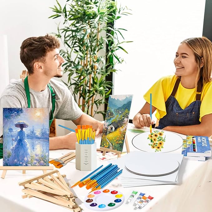12 Pack 8x10” Canvas Boards and Round Canvas for Painting, Couple Painting Kit with Wood Easel, Acrylic Paint, Paint Brushes Set for Kids Teenagers Adults Date Night Sip and Paint Party-BubblyBeeBaby