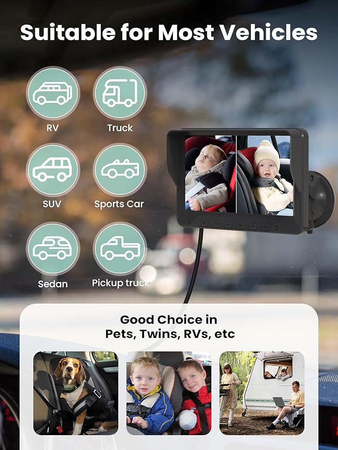 GROWNSY Dual Car Camera Baby Monitor, 7" 1080P AHD Car Camera for 2kids, Backseat Mirror for Baby Rear Facing with Infrared Night Vision, Easily Observe Baby's Every Move-BubblyBeeBaby