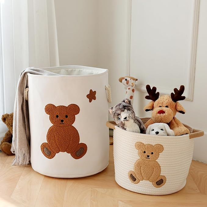 INough Cotton Rope Basket Toy Storage Baskets for kids Laundry Hamper, Gift Basket Empty Baby Shower Baskets with Handles, Cute Bins Blanket Stuffed Animal Storage for Nursery, Living Room Decor, Bear-BubblyBeeBaby