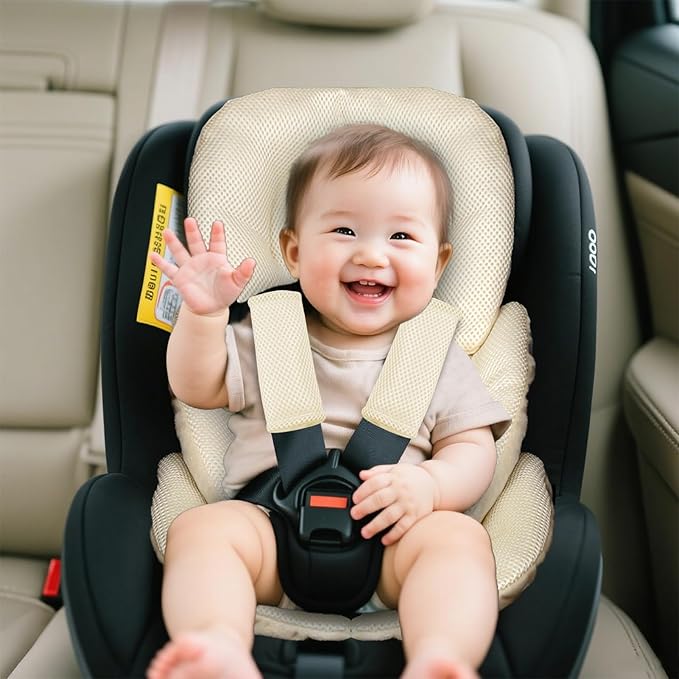 Infant Car Seat Insert for Newborn Girls Boys, Summer Mesh Baby Carseat Head Support with Strap Pads, Soft Reversible Baby Car Seat Insert Cushion Pad for Car Seat, Stroller, Bouncer, Swing, Beige-BubblyBeeBaby