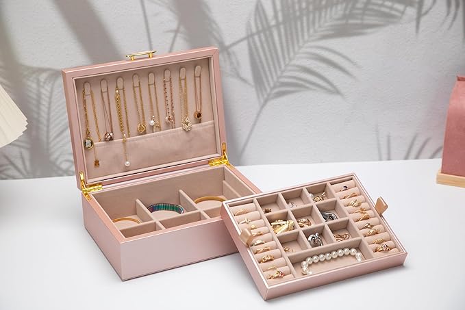 2-layer jewelry box,Jewelry Organizer with Handle,with hanging necklace hooks, detachable jewelry trays, suitable for storing a large amount of jewelry gift box (rose gold)-BubblyBeeBaby