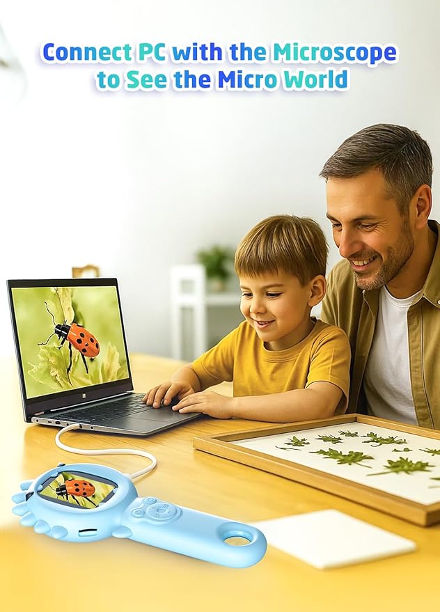 2-in-1 Microscope Camera for Kids, Mini Handheld Microscope Supporting Multiple Viewing Angles, Outdoor Educational Science Adventure Toys, Birthday Gifts for 3-10 Years Old Boys Girls, Blue Dinosaur-BubblyBeeBaby