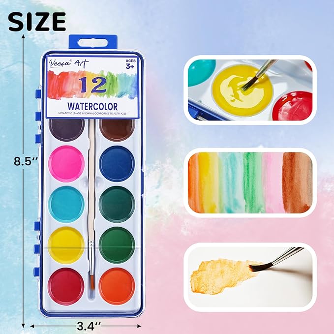 12 Color Watercolor Paint for Kids, 12 Pack Washable Water Color, Classroom Set, Woodbrushes Included-BubblyBeeBaby