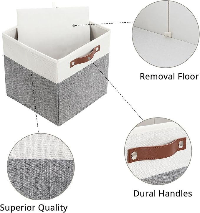HNZIGE Set of 4, Foldable Storage Cube Bin Baskets, Fabric 11x11 Cube Storage Bins for Storage with Handles, Shelf Bins for Cube Home Toy Nursery Closet(White Gray)-BubblyBeeBaby