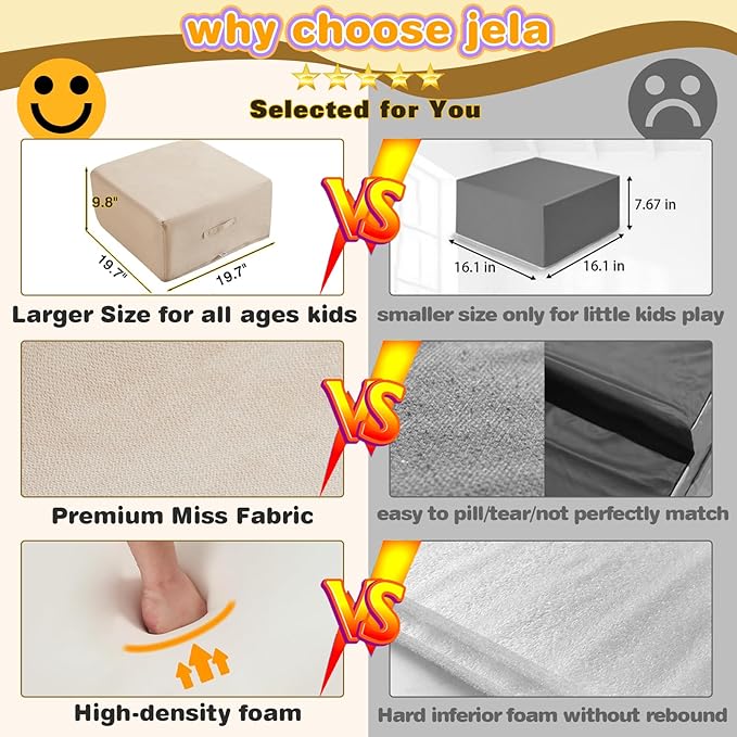 jela Foam Blocks 6Pcs Soft Play Equipment Luxury Miss Fabric, Toddler Climbing Toys Indoor Soft Play Climbing for Toddlers, Lightweight Climbing Blocks for Babies, Kids, Climb and Crawl Foam Playset-BubblyBeeBaby